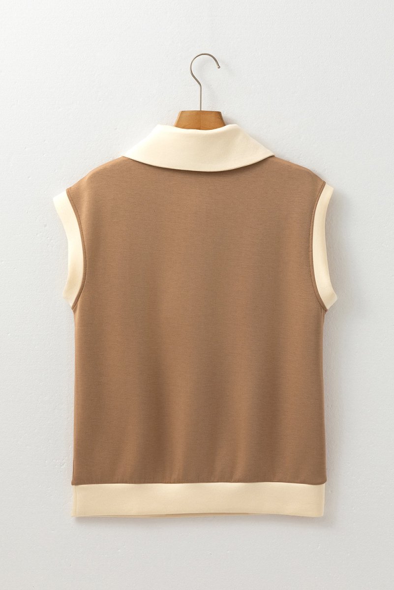 Simply Taupe Half Zipper Collared Colorblock Top - Love Salve